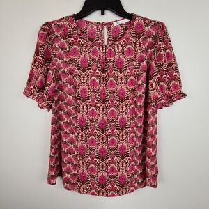 DR2 Women's Floral Pink Fuchsia Short Sleeve Blouse Top XS Boho Flutter Workwear